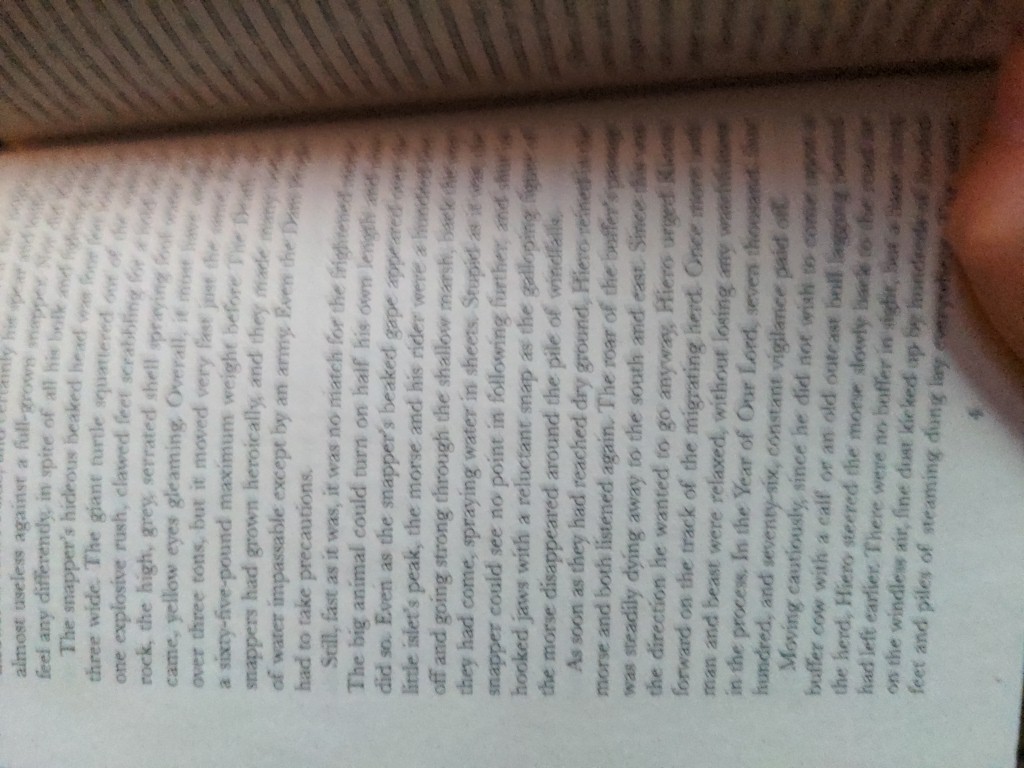 Page 4 of a reprint of Hiero's Journey, with the titular Hiero riding a "morse", a post-apocalyptic moose